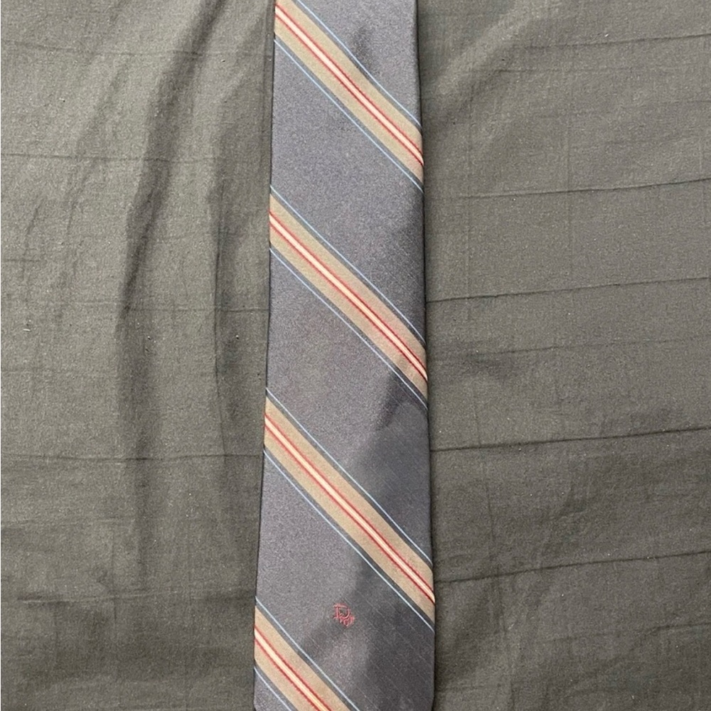 Vintage Christian Dior Repp Stripe Tie Polyester Silk Blend Gray Blue Red Men's